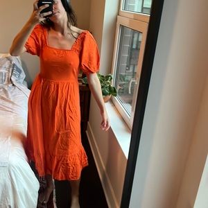 Who What Wear Linen Dress Puff Elbow Sleeve Open Back Orange Bow Women's S